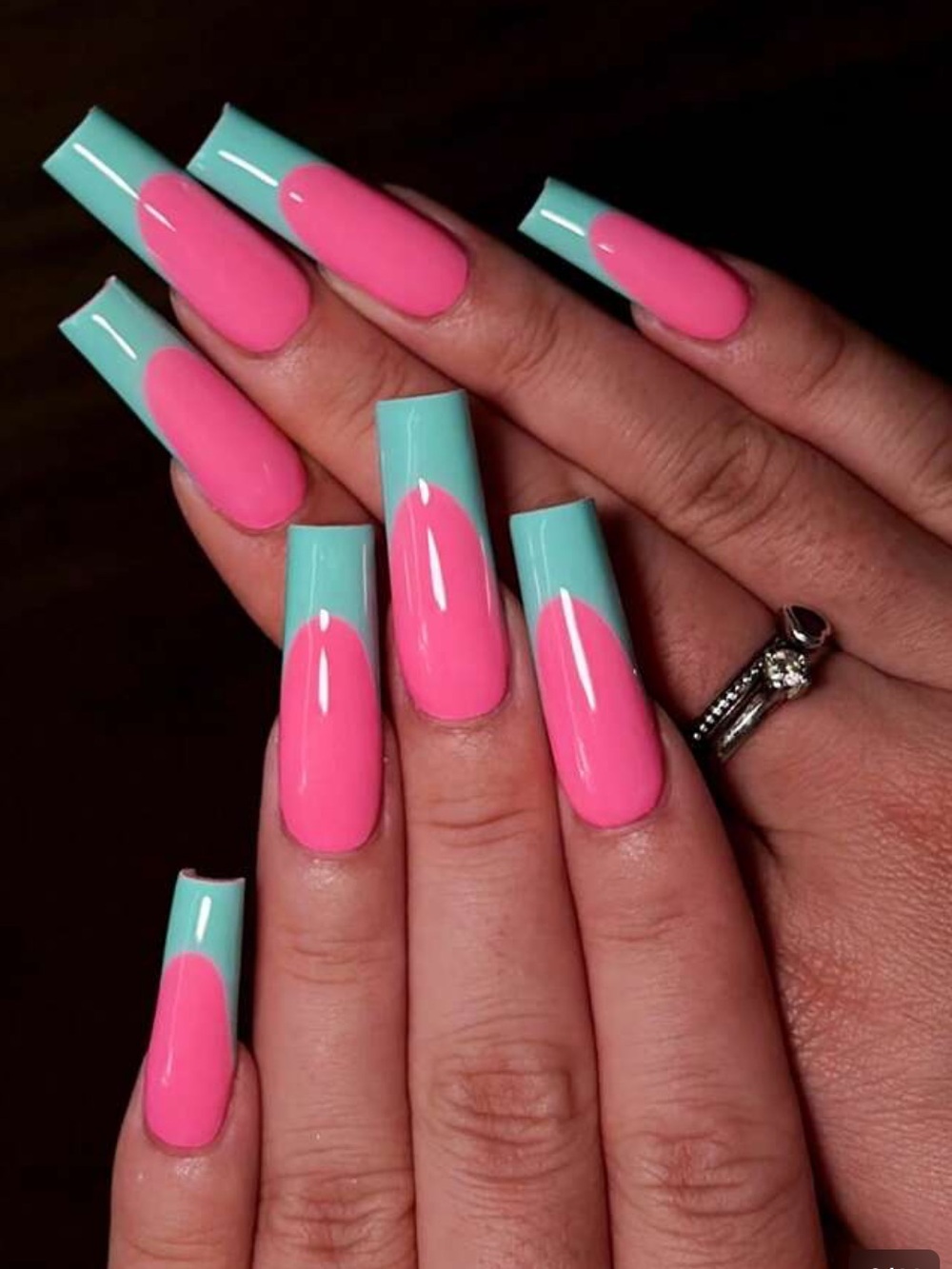 Pink and Mint Long French Tip Coffin Press On Nails Set New